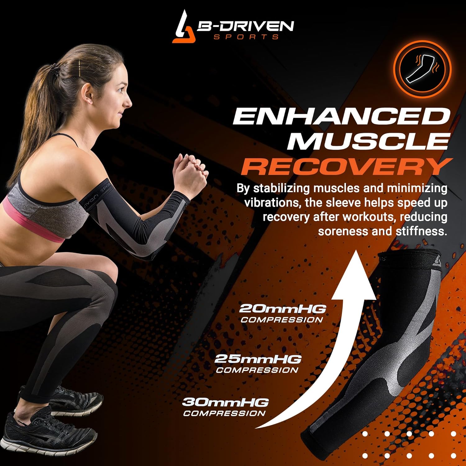B-Driven Sports Graduated Compression Arm Sleeves, Medical Grade 20-30mmHg, For Baseball, Basketball, and more - 4 Colors - Image 3