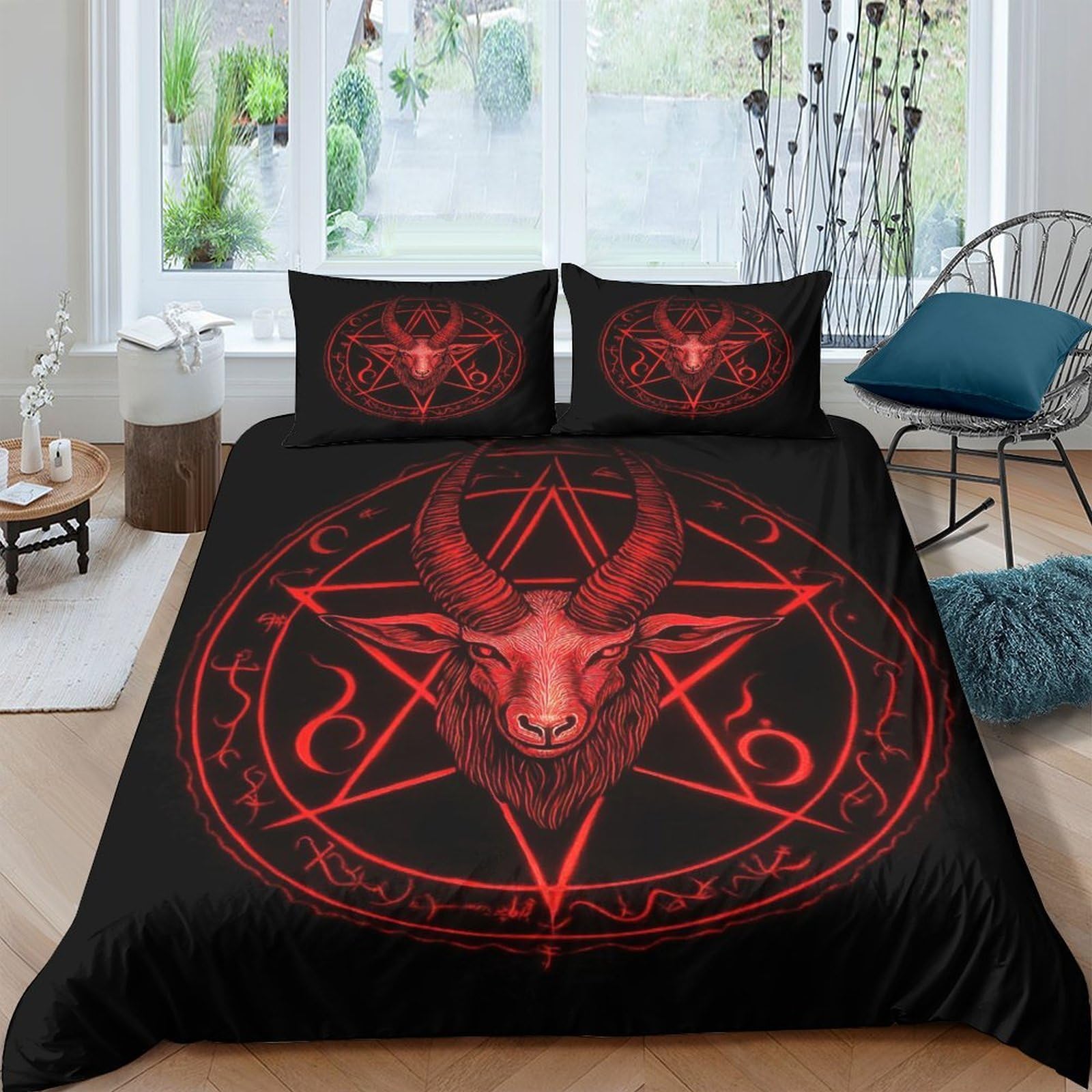 GPLZQXKJNH 3D Printed Satanic Pentagram Duvet Cover Microfiber Soft Breathable Occult Goat Bedding Set with 2 Pillowcases for Bedroom Decor Single（135x200cm）