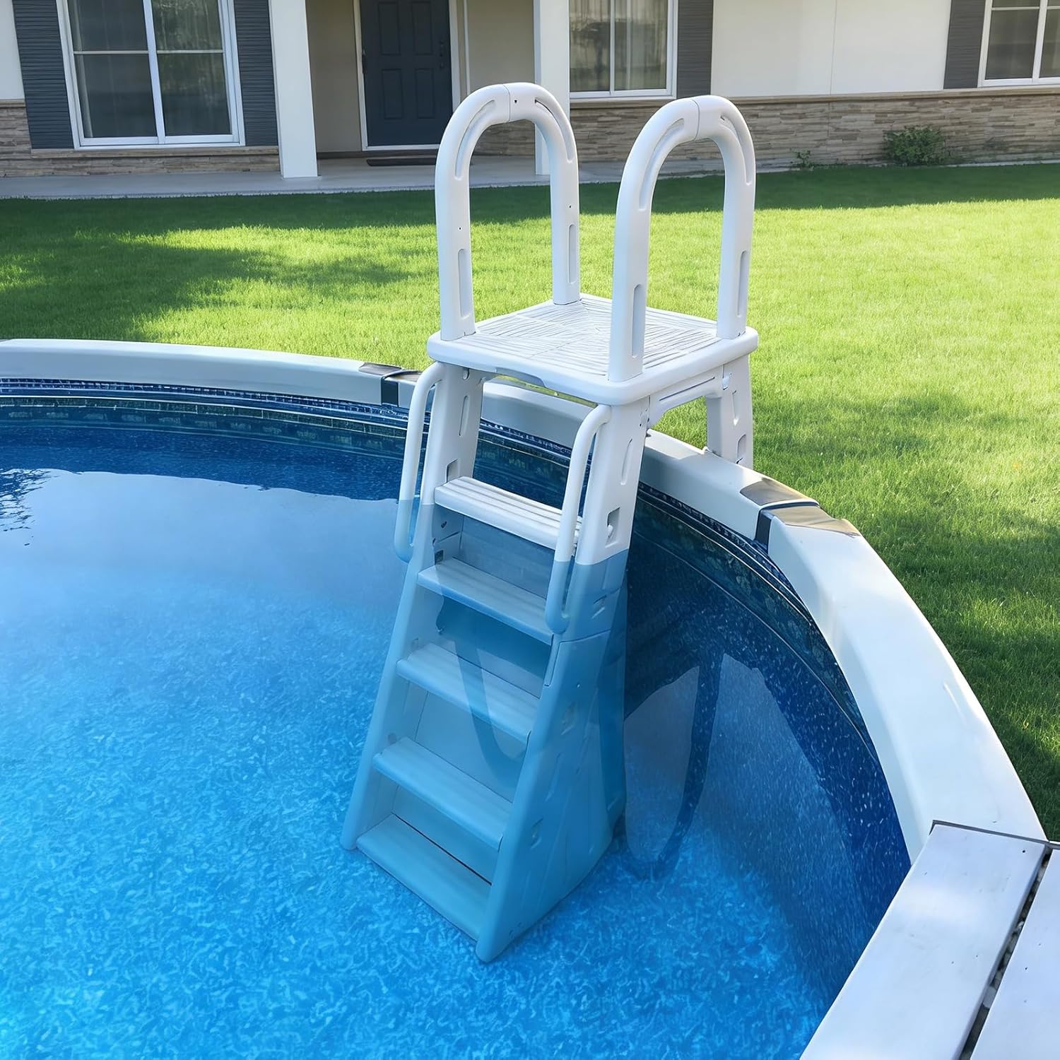 A Frame Pool Ladder, 48" to 56" Adjustable Pool Entry&Exit Ladder for Above Ground Outdoor Swimming Pool Platform Ladder with Handrail and Non-Slip Steps,400 Pounds Capacity, White