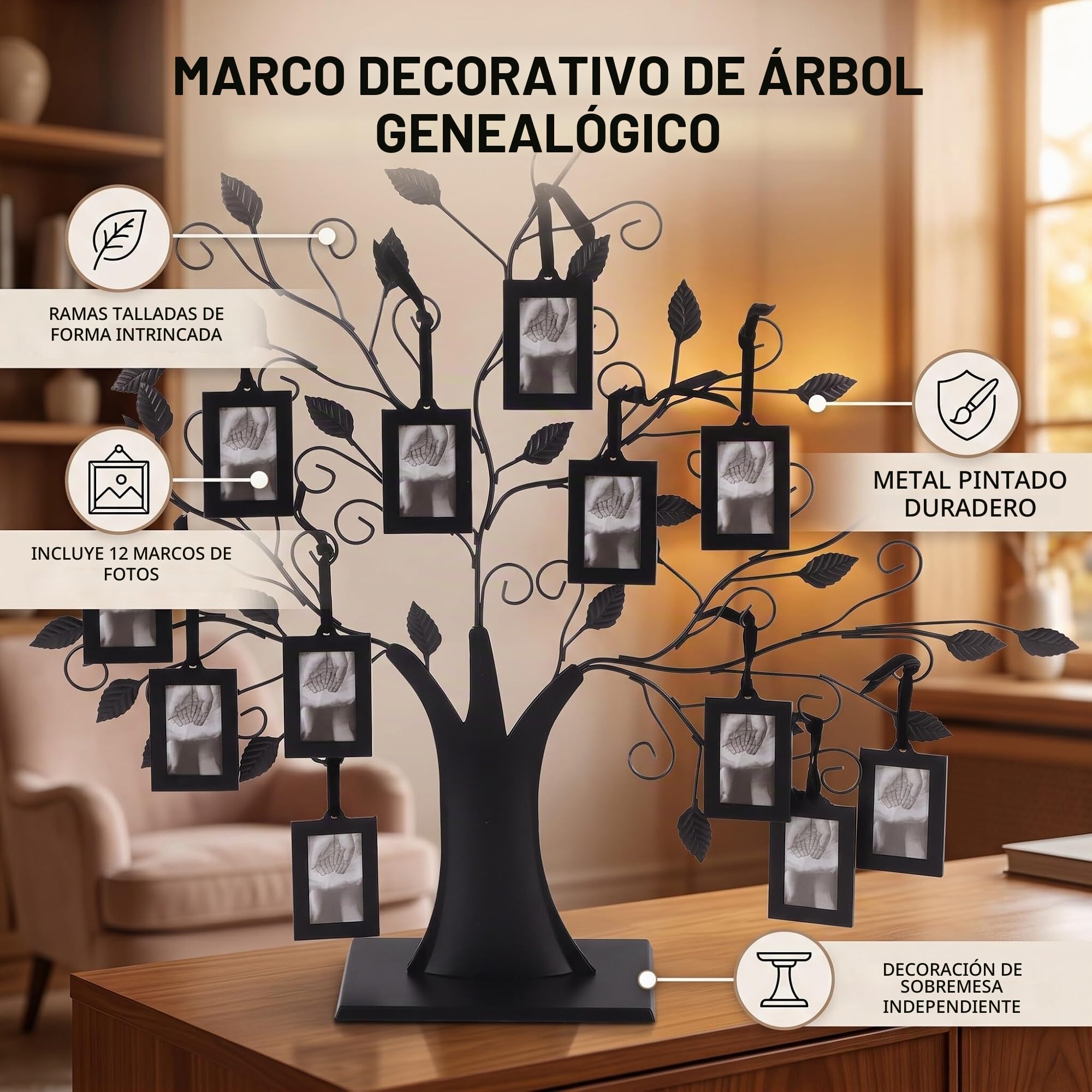 Ejoyous Marco de fotos de árbol genealógico, moderno árbol de fotos familiar para 12 fotos, personalizado, para decoración de escritorio, jóvenes, niñas, hombres y mujeres (L 6,4 x 4,6 cm)
