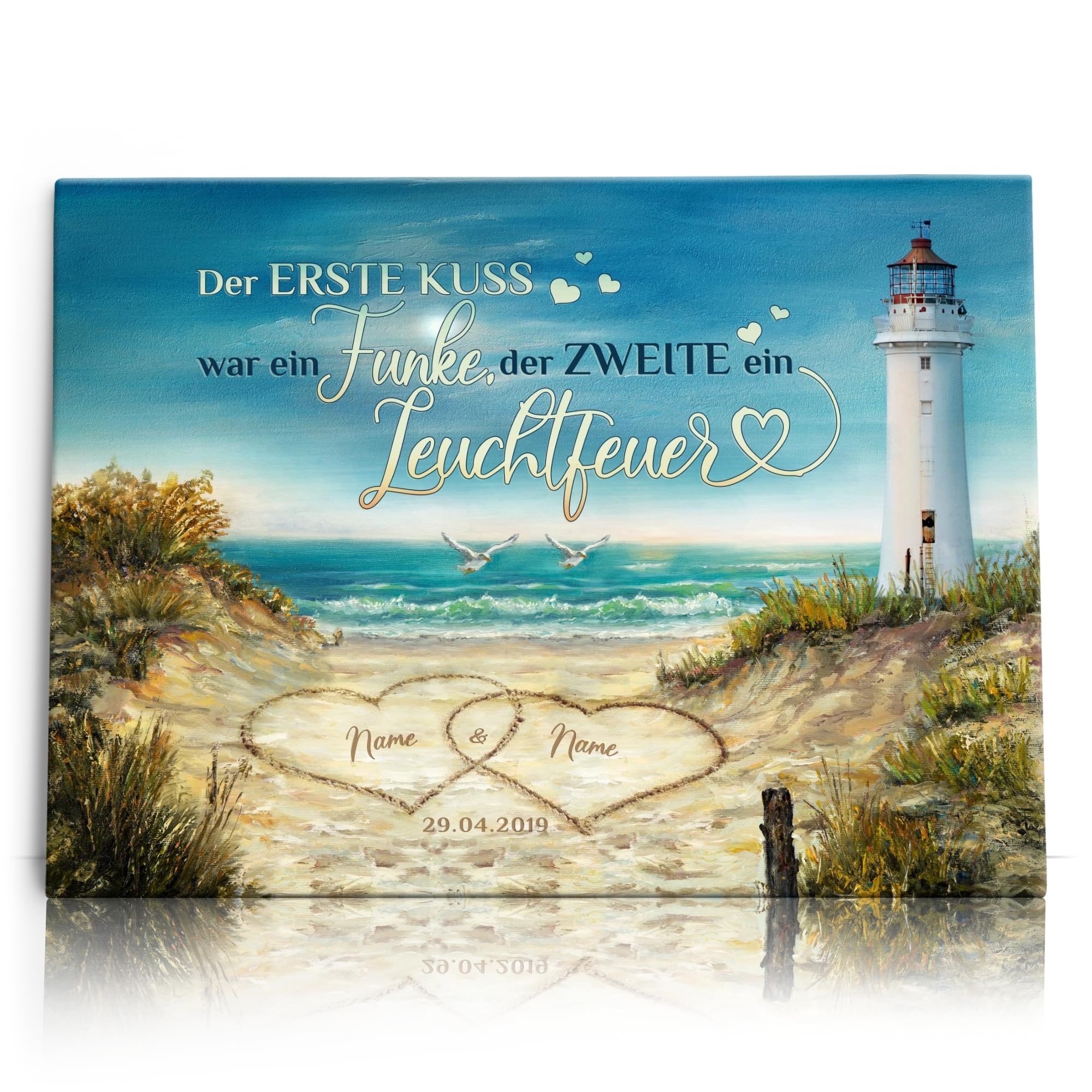 Liebesleinwand Leinwandbild personalisiert | Leinwand gestalten mit Namen und Datum Geschenk für Partner | Leuchtfeuer der Liebe