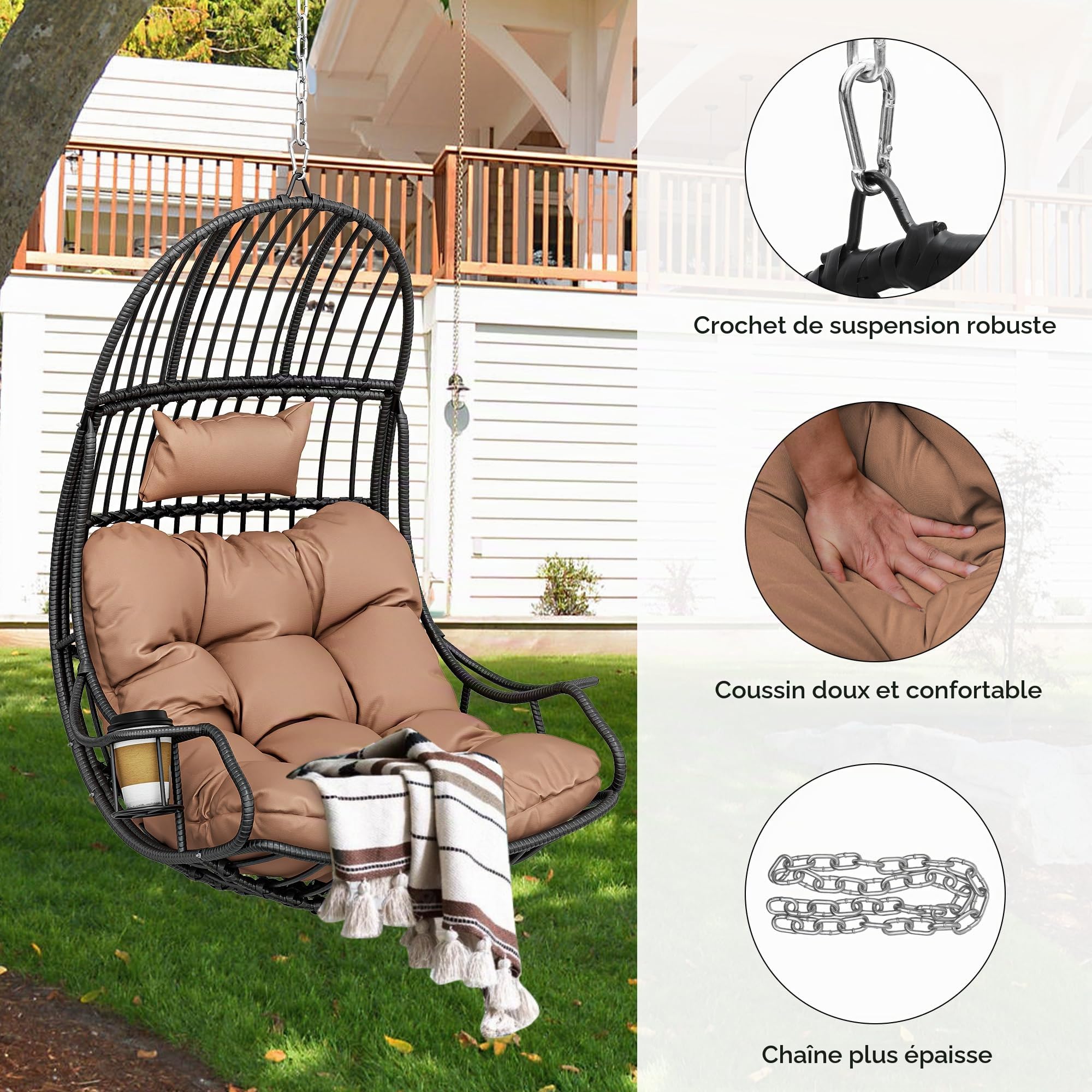 YITAHOME Chaise Suspendue Oeuf avec Coussin 150 kg, Fauteuil Hamac Suspendu Extérieur/Intérieur avec Porte-gobelet, Siège Pendentif en Rotin pour Jardin Terrasse Balcon Salon, Gris