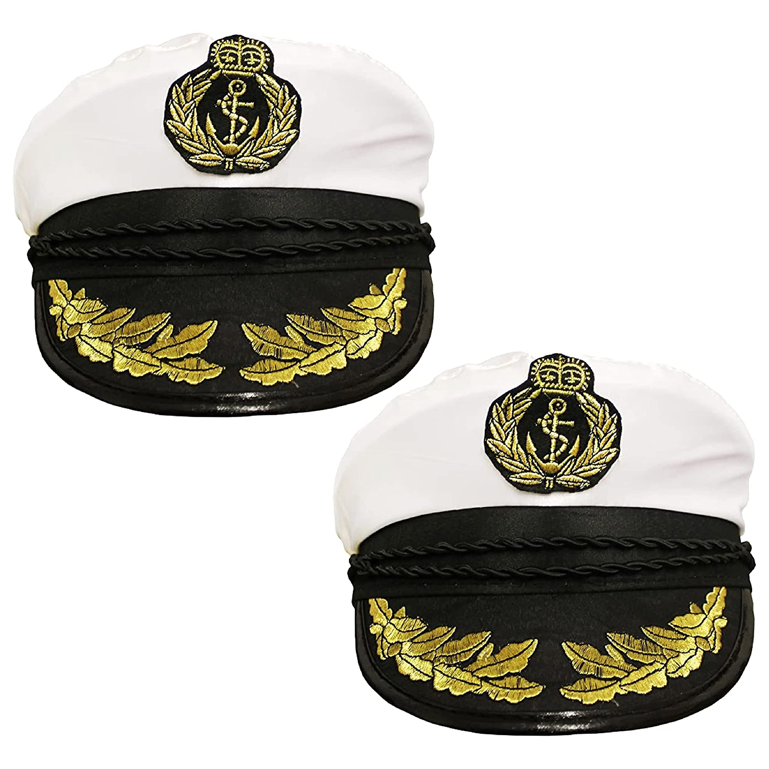 Adults Sailor Hat Fancy Dress Costume Accessory - Satin Captains/Naval Officer Hat with Motif and Gold Brim Detail - Pack Of 2