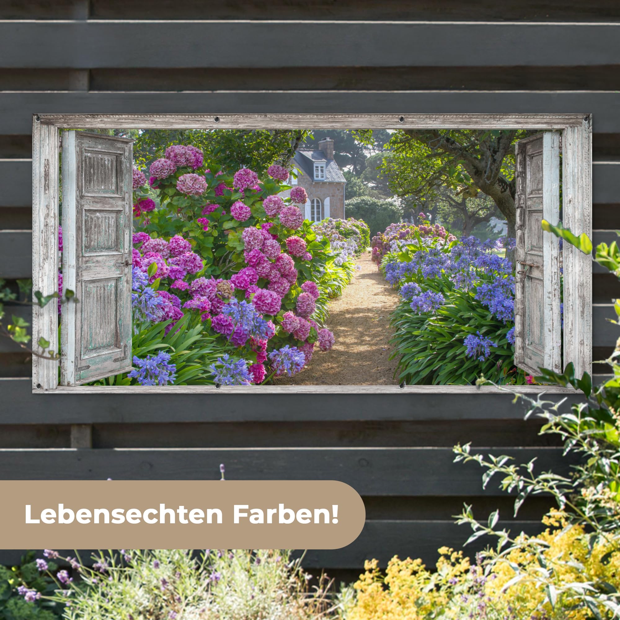 MuchoWow© Gartenposter Groß 200x100 cm XXL Outdoor Bilder Gartendeko für draußen Wetterfest Garten Deko Terrasendeko Banner Draußen Bild Dekoration Fensterblick - Hortensie - Blumen