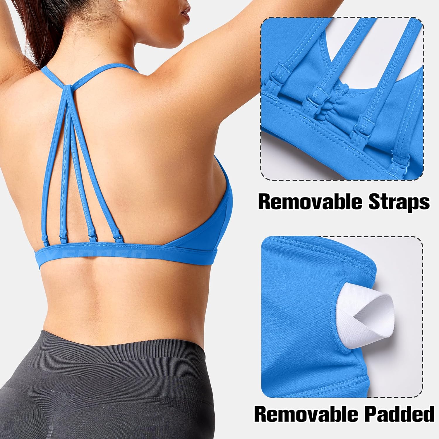 YEOREO Workout Sports Bras for Women Padded Strappy Open Back Gym Bra Light Impact Criss Cross Yoga Crop Top - Image 4