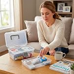MyGift Clear Gray Multipurpose First Aid, Arts & Craft Supply Case/Storage Container Box w/Removable Tray