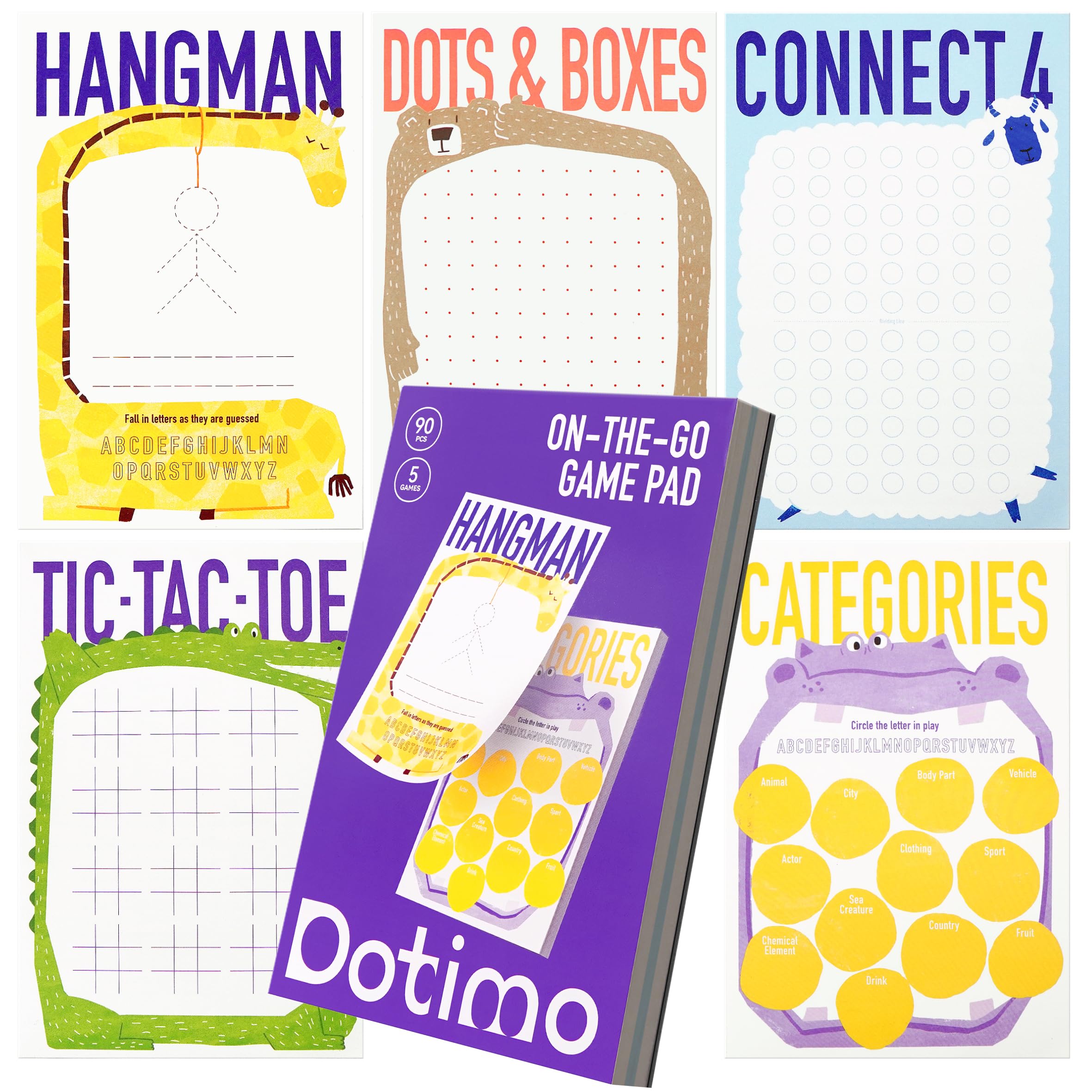 Dotimo Travel Games for Kids Ages 3+, 90-Page Reusable Activity Book with Hangman & 5 Classic Games, Screen-Free Road Trip Essentials, 6