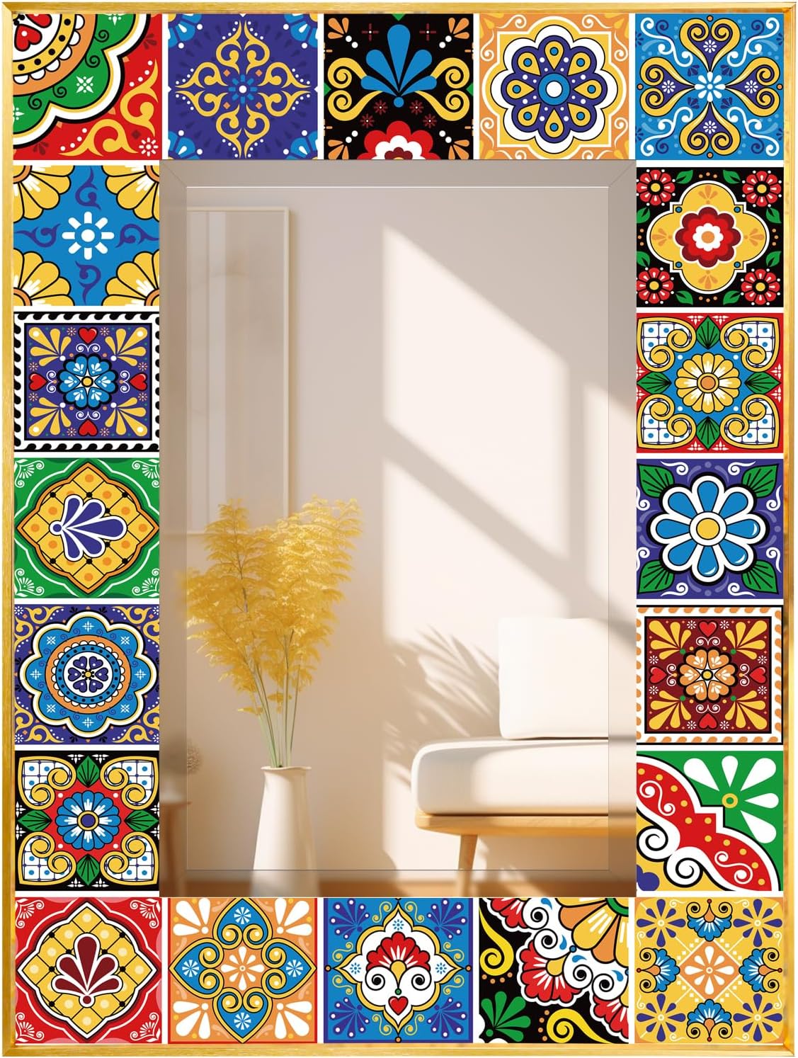 Little kuku Mosaic Mirror 18x24inch Vintage Style Wall Mirror, Handmade Glass Tiles Moroccan Mirror for Home Decor, Boho Chic Accent Mirror for Living Room,Bathroom,Vanity, Pattern 1