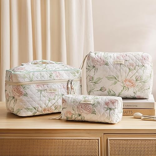 Miniatura 10 de HBselect Bolsa de maquillaje de 3 piezas para mujeres, bolsa organizadora de maquillaje de viaje grande de algodón, bonita bolsa de aseo de flores
