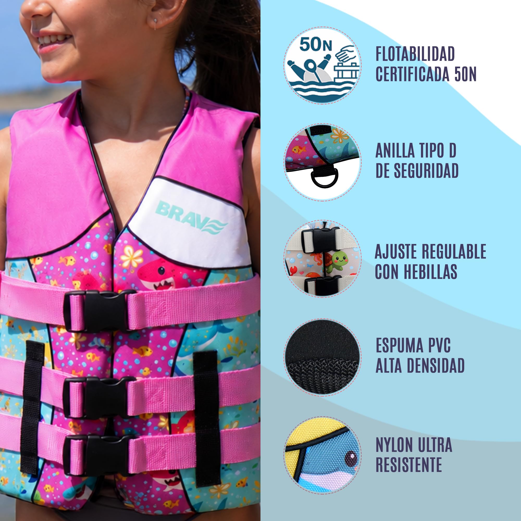 Chaleco Ayuda a la Flotabilidad Niños 50N Certificado – Flotador Infantil Playa, Piscina, Kayak y Barco – Nylon Resistente + PVC – 3 Cintas