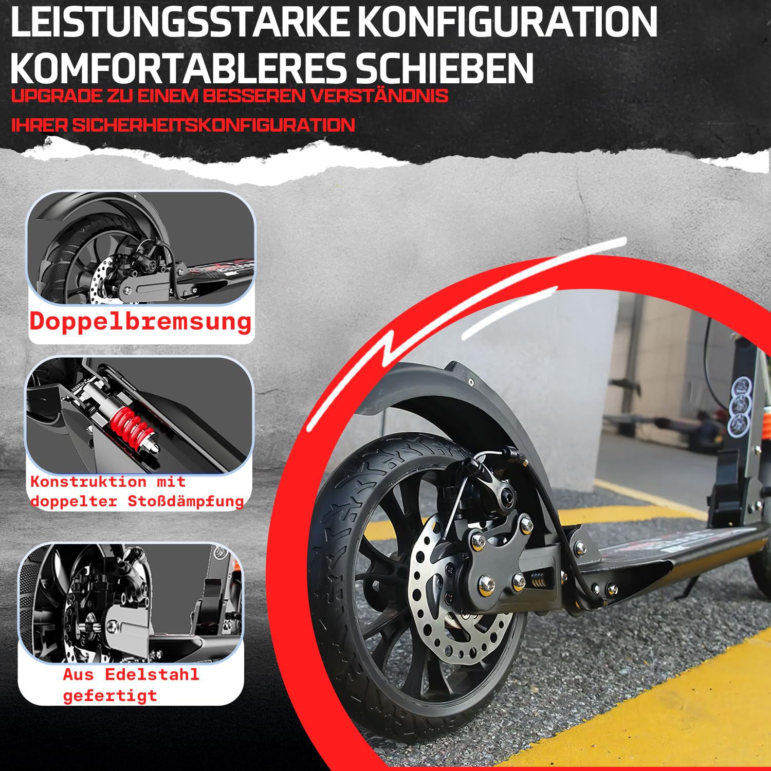 Cityroller Roller für Erwachsene bis 150kg Verstellbar Scooter Robuste Konstruktion 230mm Räder Stoßdämpfende ShockResist-Technologie Hinterradbremse rutschfest ABEC 9