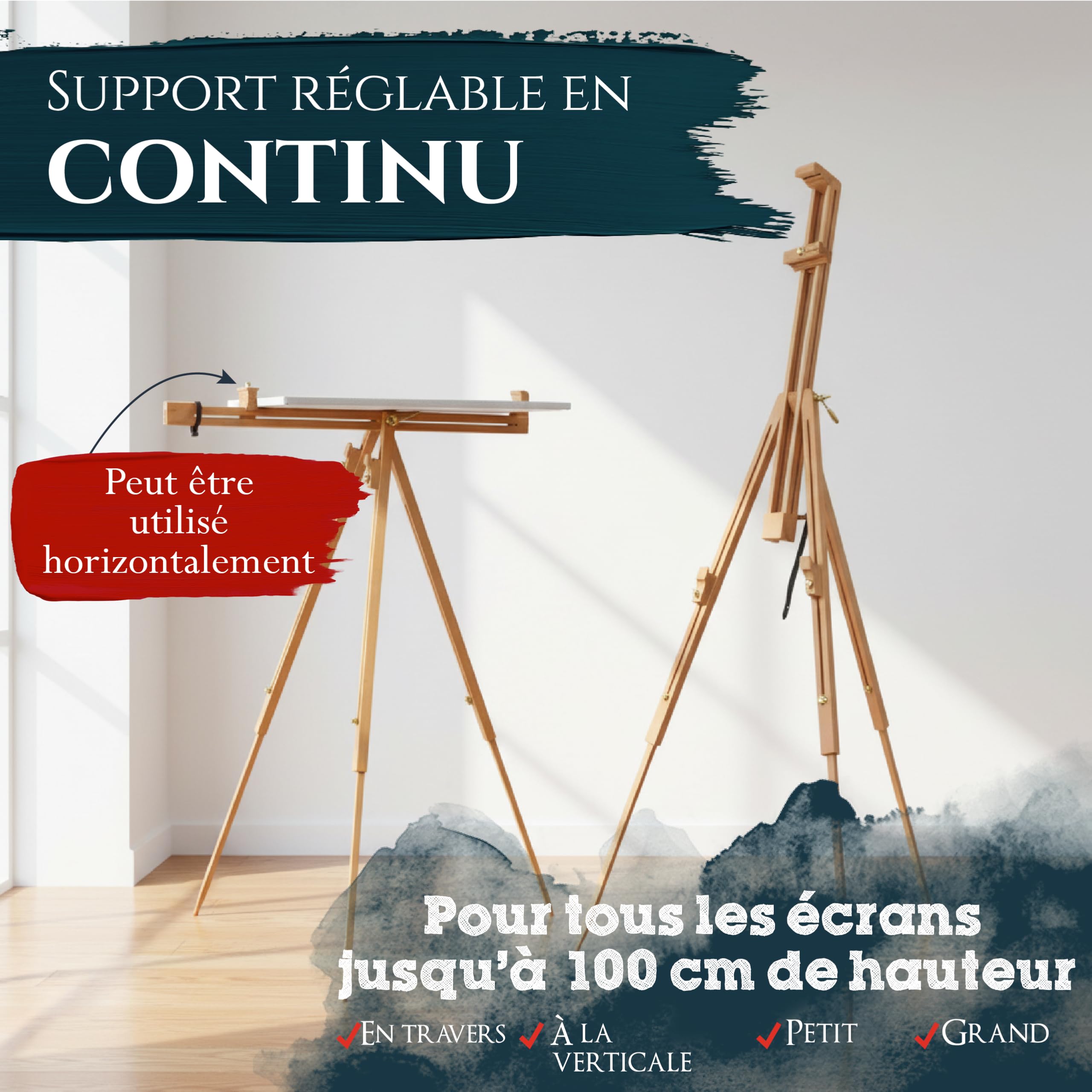 Artina chevalet en bois hêtre pour toiles jusqu'à 100cm pliable