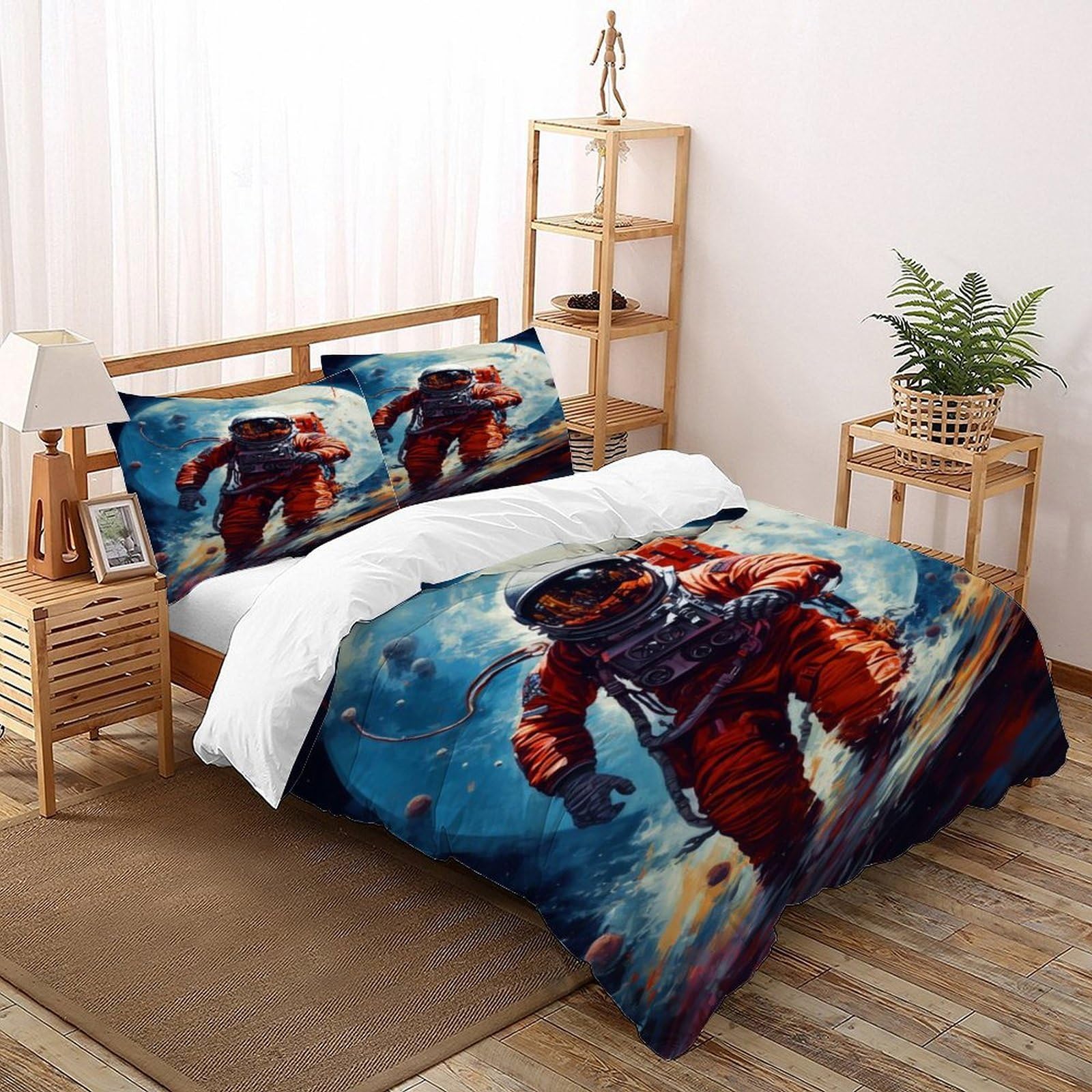 Parure de lit lune astronaute microfibre anti-plis et facile à laver pour lit double 200x200