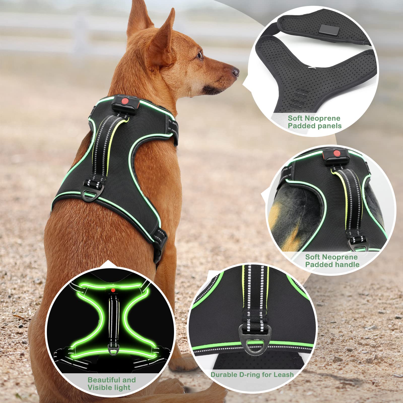 Arnés iluminado para perro, sin tirones, con luz LED, con asa, recargable, para perros pequeños, medianos, grandes y extragrandes, sin tirones, arnés ajustable de 4 puntos