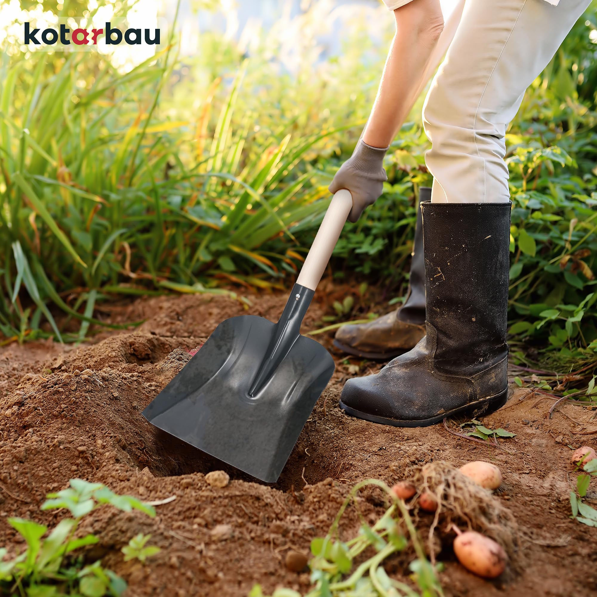 KOTARBAU® Pelle robuste 270 x 244 mm - Pelle de jardin pour un diamètre de manche de 38 mm - Pelle en acier pour le ramassage de matériaux en vrac AVEC MANNE EN BOIS
