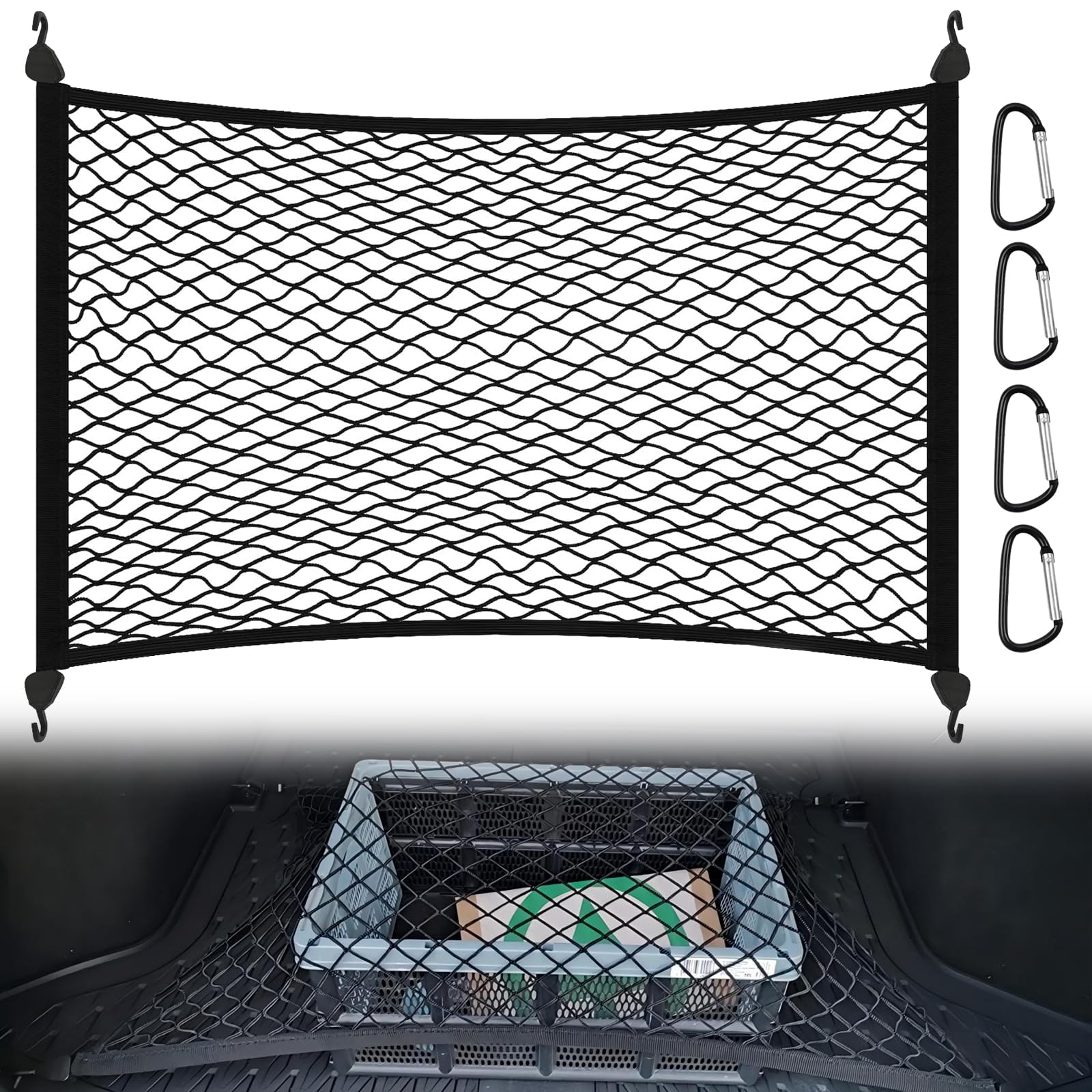 Filet élastique De Coffre Pour Voiture - 60x40cm Extensible à 120x80cm, 4 Crochets, Idéal Pour Bagages