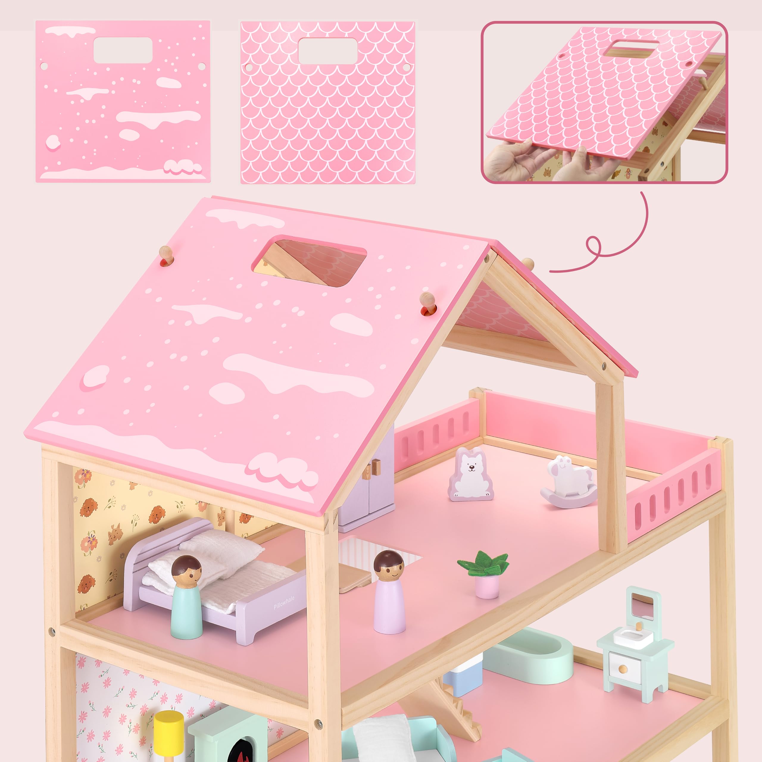 Amazon | Pillowhale 大型ピンク木製ドールハウス – 7部屋の3階