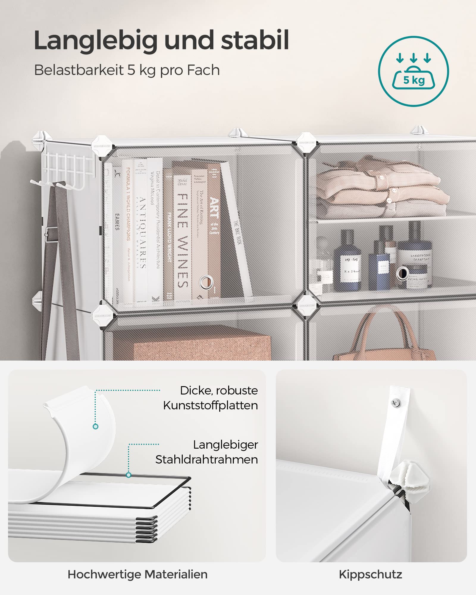 SONGMICS Schuhregal, Schuhschrank, für Garderobe und Eingangsbereich, anpassbar, 10 Fächer, für bis zu 40 Paar Schuhe, wolkenweiß-transparent LPC035W01