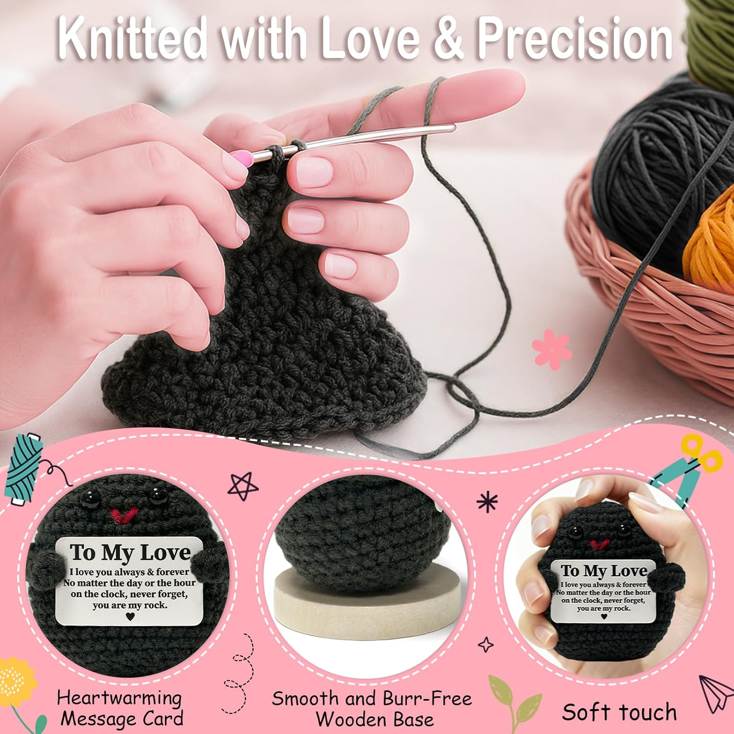 Valentines Day Gifts Decor, I Love You Gifts for Him Her, Handmade Crochet Rock, Anniversary Wedding Gifts for Boyfriend Girlfriend, Romantic Husband Wife Birthday Gift Ideas for Couples - Image 3