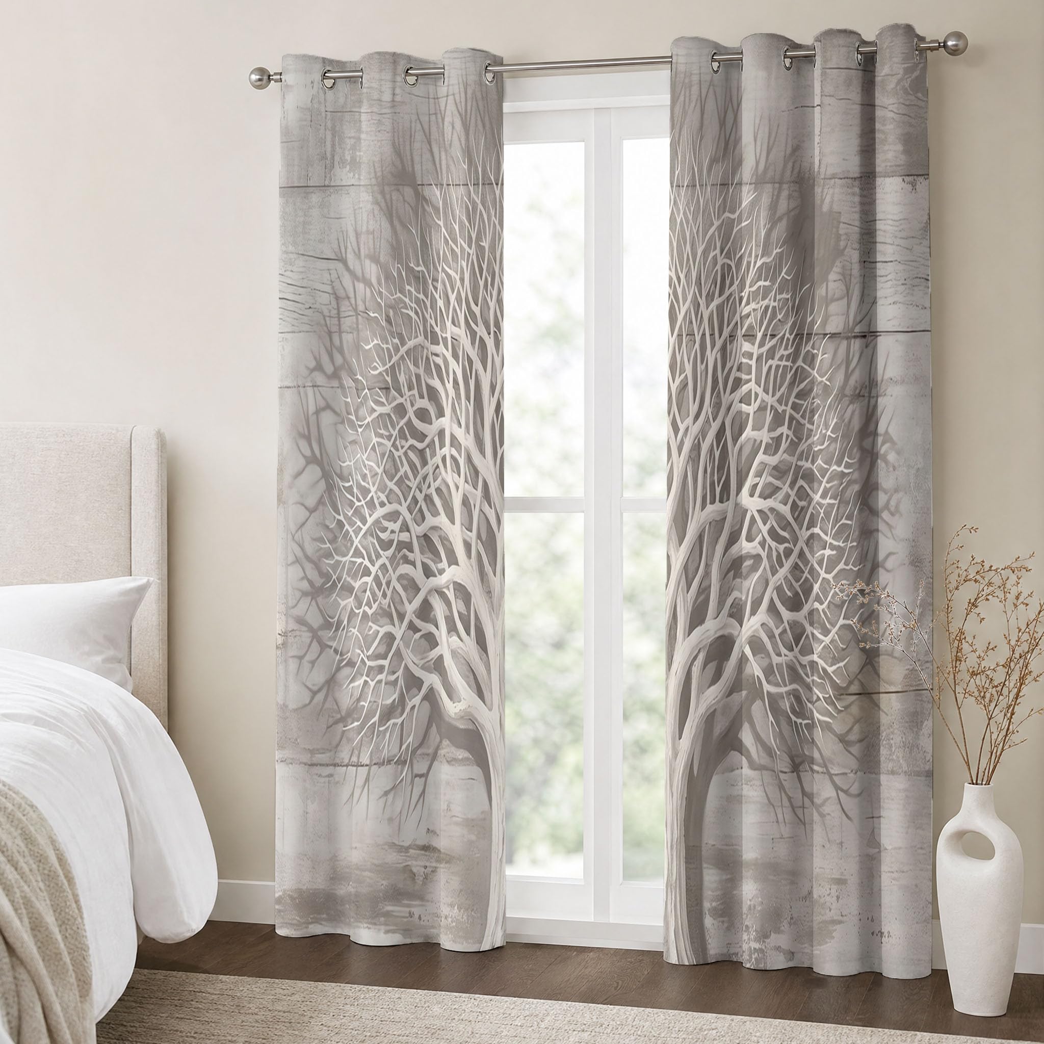 Antiker Toter Baum Vorhänge Blickdicht Verdunkelungsvorhang Mit Ösen, Minimalistisch Und Natürlich Gardinen Wohnzimmer Schlafzimmer Ösenvorhang Wärmehaltung, H215 X B110 cm (2Er Pack)