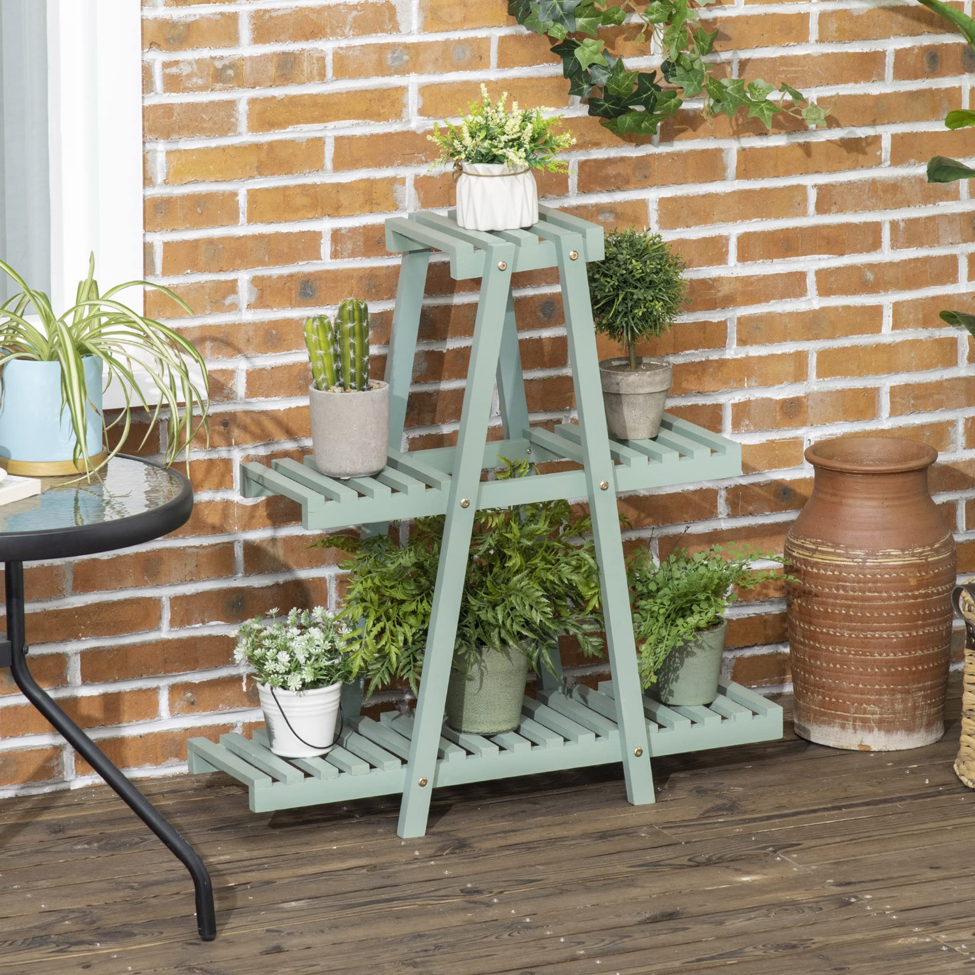 Outsunny Étagère à plantes en bois étagère à fleurs support de pots de fleurs 3 niveaux de rangement - 76 x 26 x 76 cm - vert