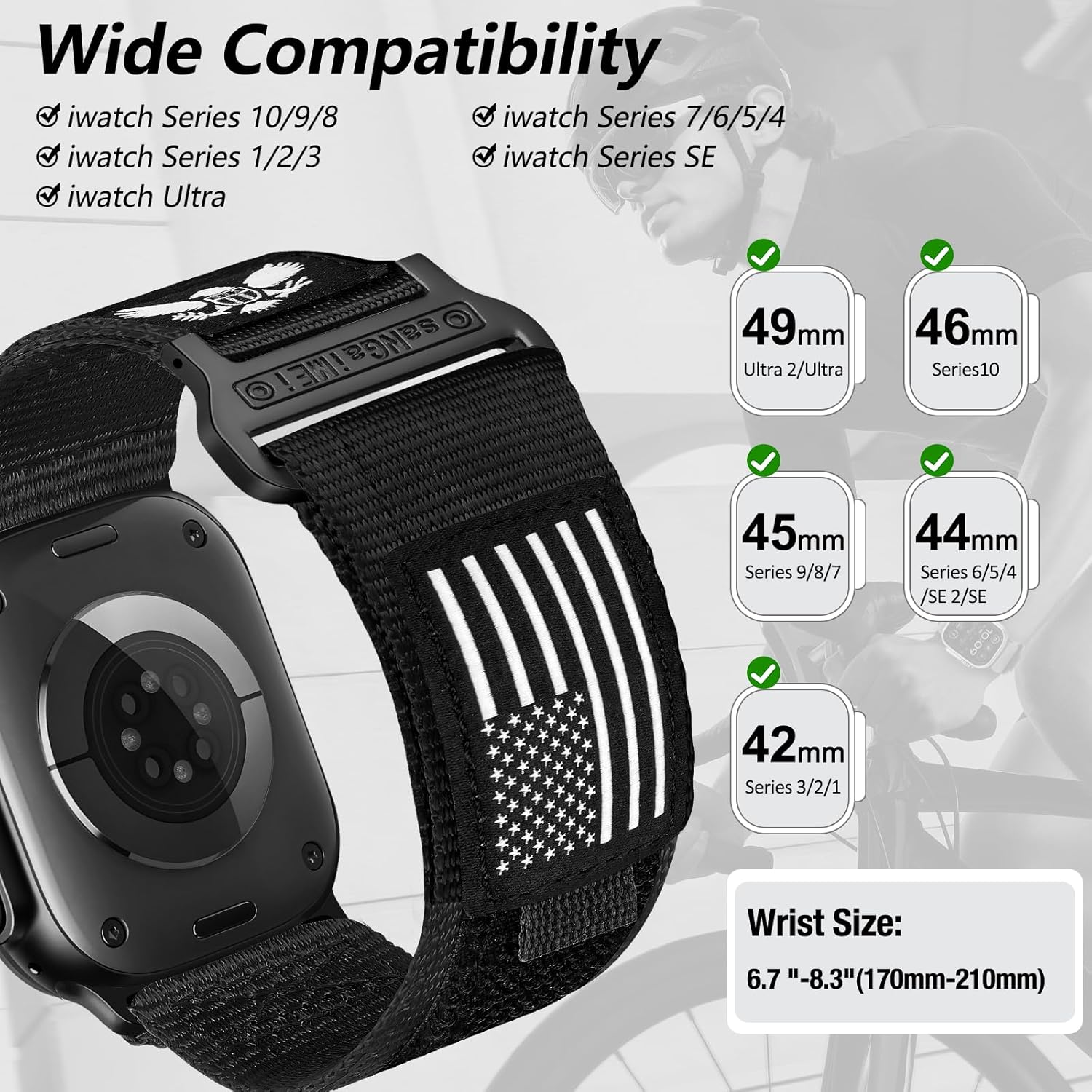 SaNgaiMEi Nylon Sport Band Compatible with Apple Watch Bands Ultra 3/2/1 49mm 46mm 45mm 44mm 42mm, Men Soft Rugged Stars-Stripes Flag Strap for iWatch Series 11/10/9/8/7/6/5/4/3/SE/SE2/SE3 - Image 7