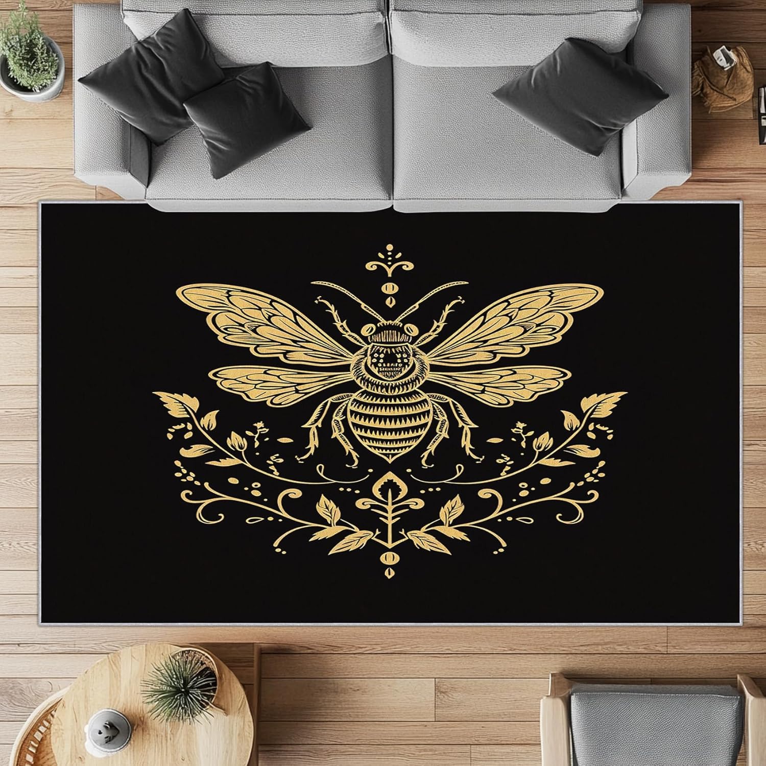 Bee Rugs for Living Room 3x5, Vintage Honey Bee Pattern Design Area Rug, Black Gold Bedroom Decor Carpet, Non Slip, Washable AA274