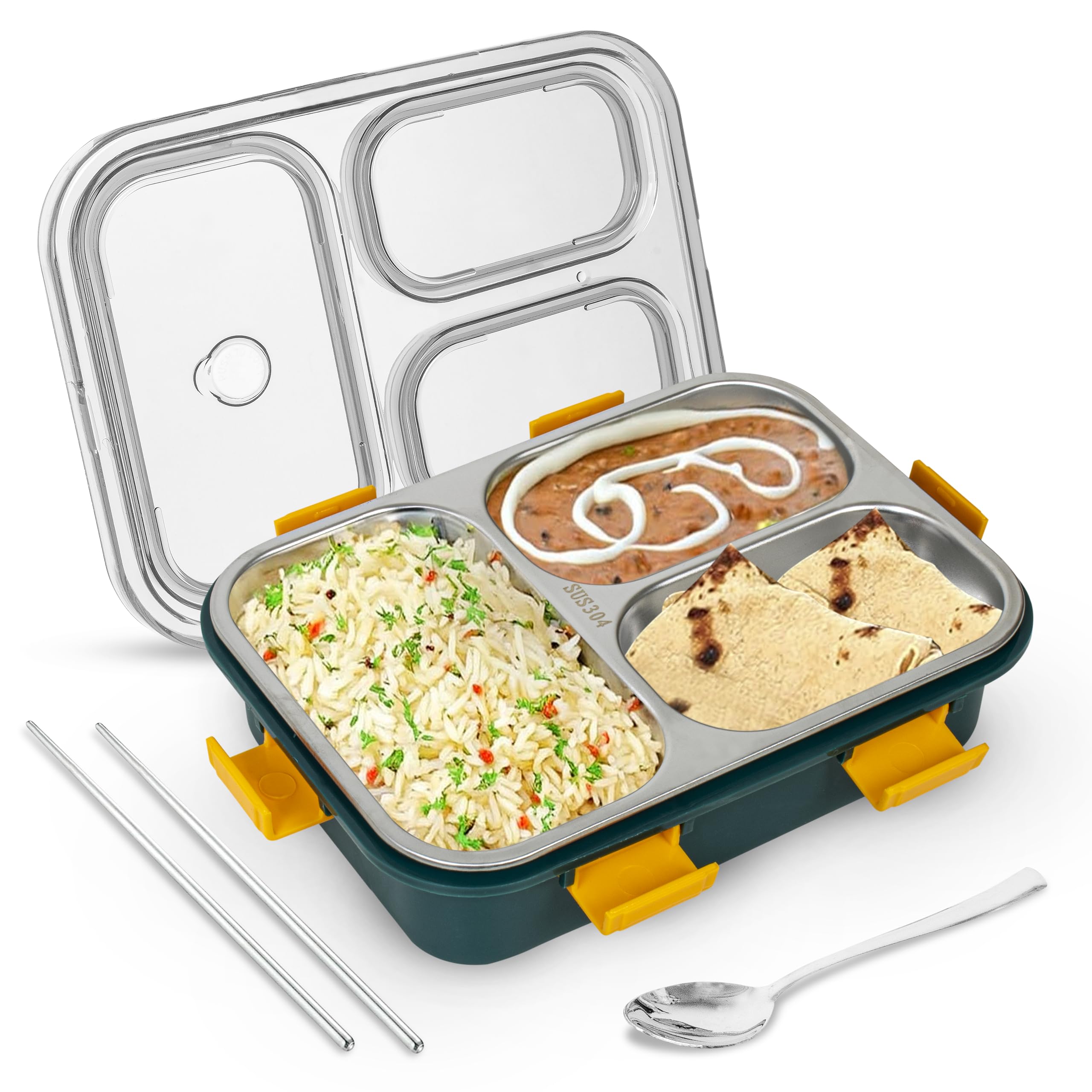 TEKCOOL Lunch Box for Adults - Lunch Box for Kids - with Spoon & Fork - Stainless Steel Lunch Box with 3 Compartment - Durable Perfect Size for On-The-Go Meal, BPA-Free (Green)(3 Compartment)