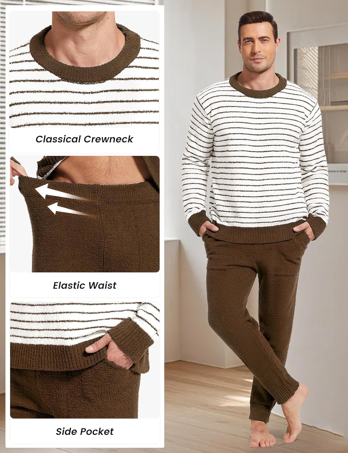 Yimoon Mens Fleece Pajama Set Striped Warm Fluffy Pjs Set Winter Long Sleeve Soft Fuzzy Sleepwear - Image 4