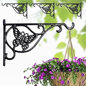 Sharpex Wall Mounted Metal Bracket | Decorative Wall Hook Plant Hanger for Hanging Pots, Bird Feeders, Flower Baskets, Planters, Lanterns, Lamps, and Wind Chimes for Indoor/Outdoor Use (Black, 4 Pc)