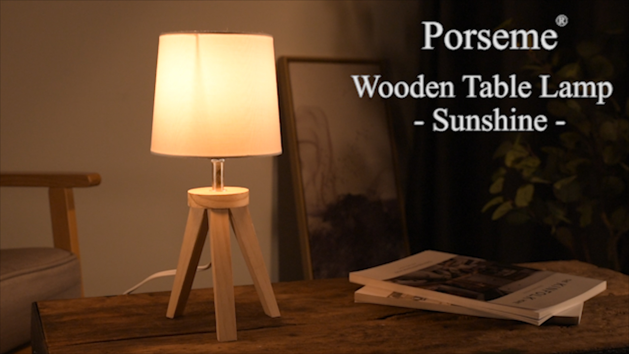 Porseme Table Lamp Wooden Tripod Nightstand Lamp with Linen Shade