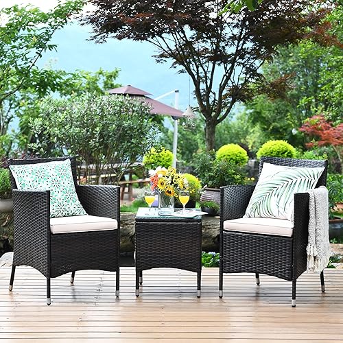 Miniatura 3 de COSTWAY Juego de muebles de patio de 3 piezas, juego de conversación de mimbre para exteriores con mesa de centro de vidrio templado, cojines de