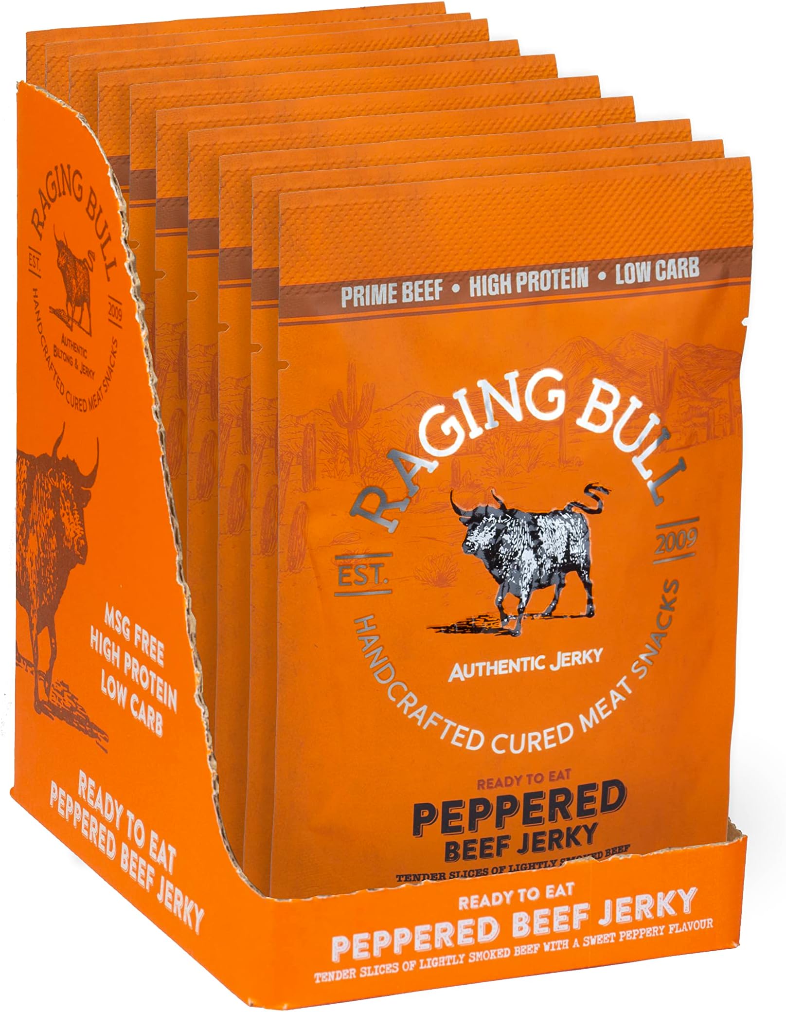 Raging Bull 280g Peppered Beef Jerky - 10 x 28g Pack - High Protein Snacks - Grass Fed Beef Jerky - Low Carb Keto Snacks - MSG Free Carnivore Snacks - Jerky Gift Set - Natural Meat Snacks