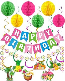 Ouddy Life Hawaiian Luau Birthday Party Decorations Banner, Honeycomb Balls