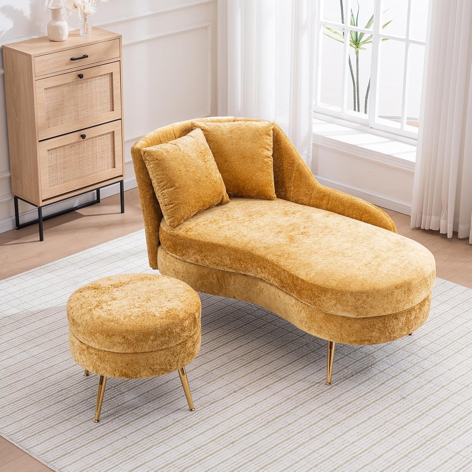 Antetek 58-inch Oversized Comfy Accent Chair with Storage Ottoman, Chenille Chaise Lounge Chair Indoor with 2 Pillows, Modern Single Deep Seat Couch for Living Room, Bedroom, Apartment, Yellow