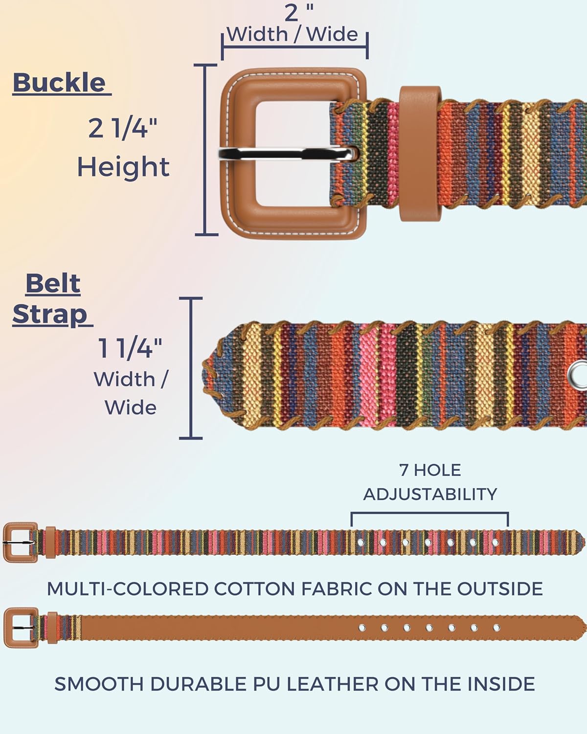 Womens Casual Belts - Multicolor Woven Belt & Brown Vegan Leather Belt - Image 4