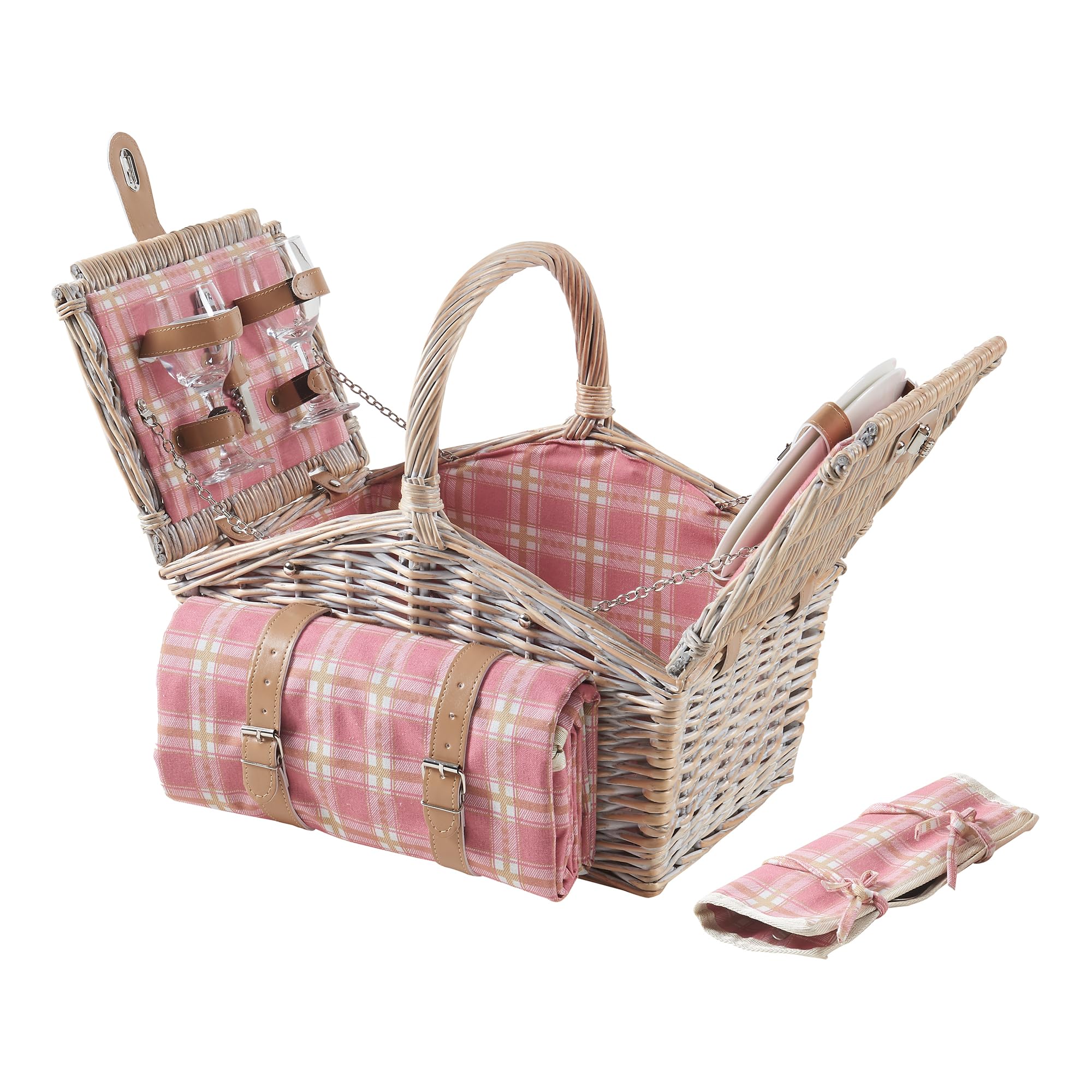 casa.pro Cestino da Picnic per 2 Persone in Vimini con Accessori Set Completo con Piatti Posate Bicchieri Cavatappi e Coperta Design Classico con Chiusura a Fibbie