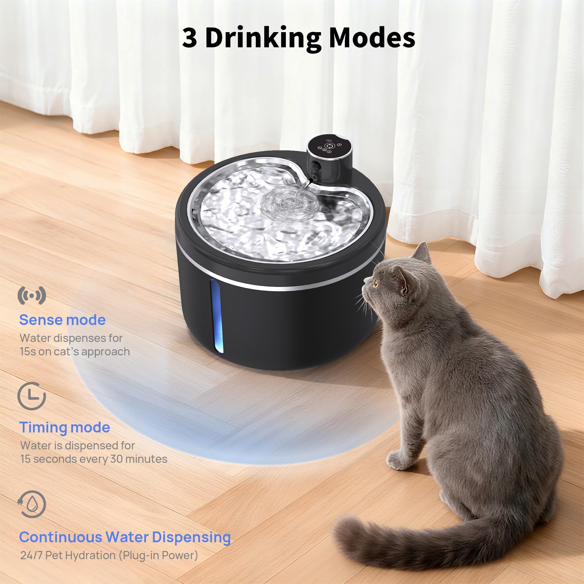 Fuente de agua para gatos inalámbrica, 3,061.7 g/3L fuentes para mascotas para gatos de interior con bandeja de acero inoxidable, fuente de agua para gatos que funciona con pilas con sensor de