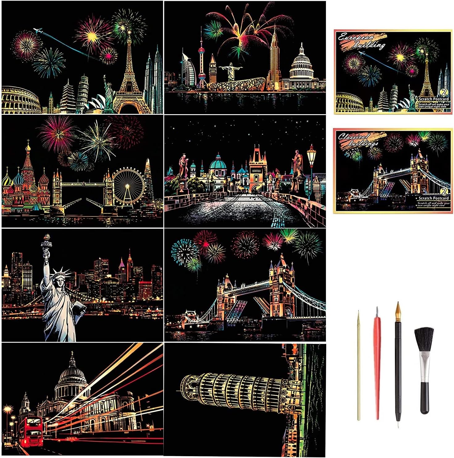 8枚入り スクラッチアート はがきタイプ 削るだけで美しいアート 面白い塗り絵 桜 花火 世界の夜景 有名な観光地 Diy 部屋飾り スクラッチ極細ペン付き 14cm 虹絵 世界有名な観光地 手作り 通信販売 プレゼント 8枚入