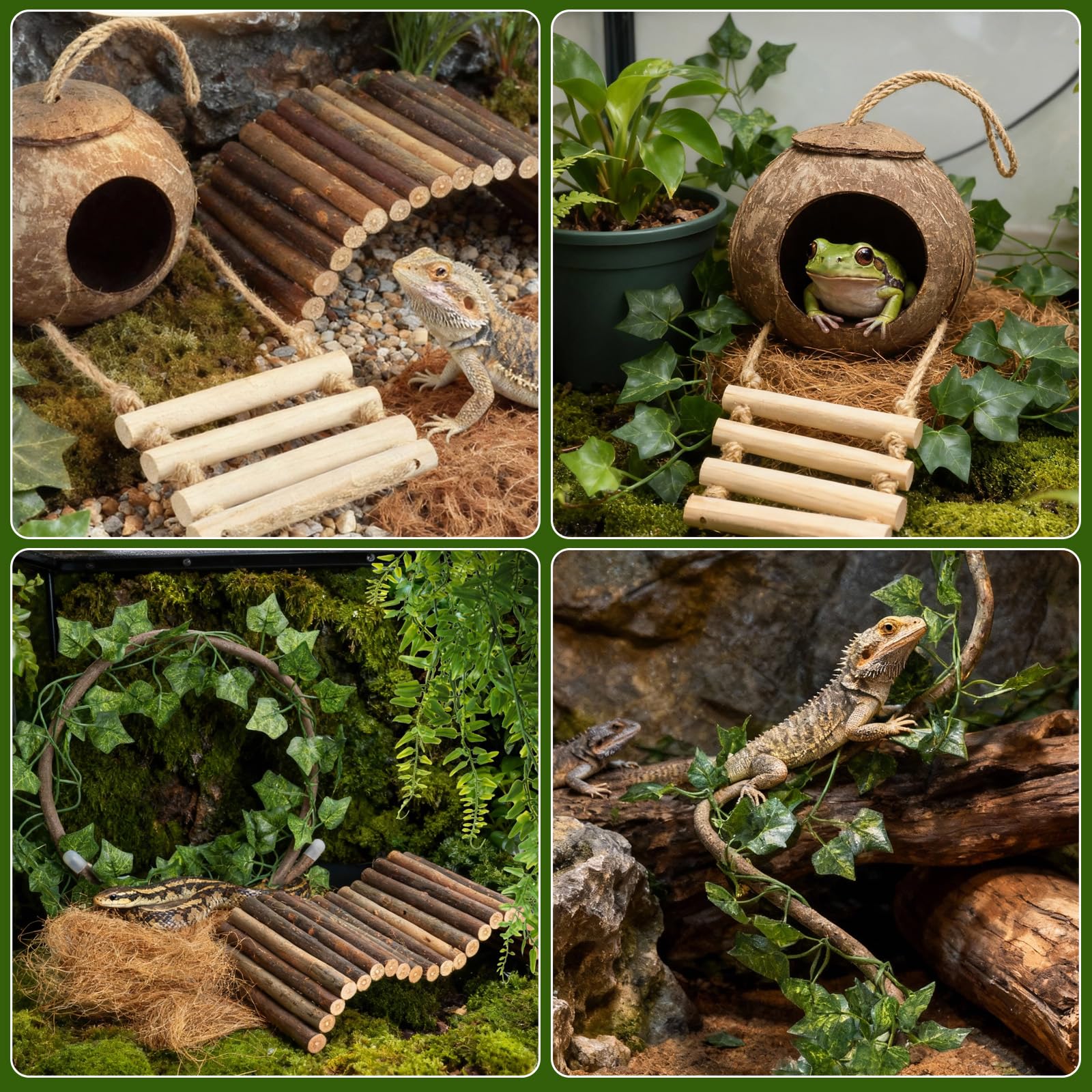 Reptilienpflanzen Brücke Reben Leopard Gecko Kokosnuss Hütte Haube Gecko Tank Zubehör Eidechse Kokoshöhle mit Leiter für Eidechse, Chamäleonkäfig, Schlangen, Einsiedlerkrebse