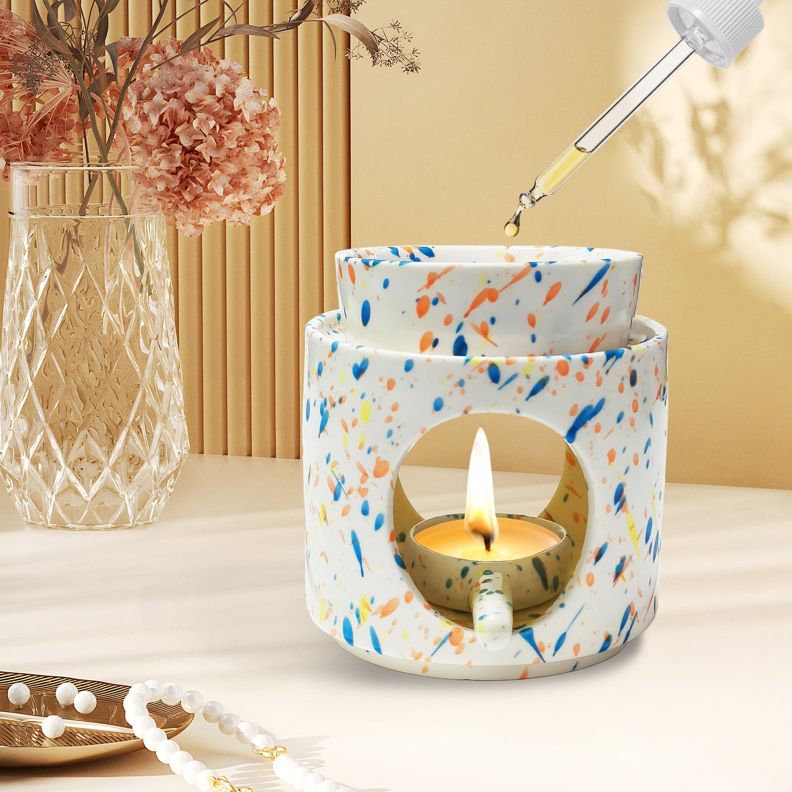 Lámpara aromática con vela de té, lámpara aromática para aceites esenciales, difusor de aroma, lámpara de cera aromática de cerámica, lámpara de cera aromática para aceites esenciales