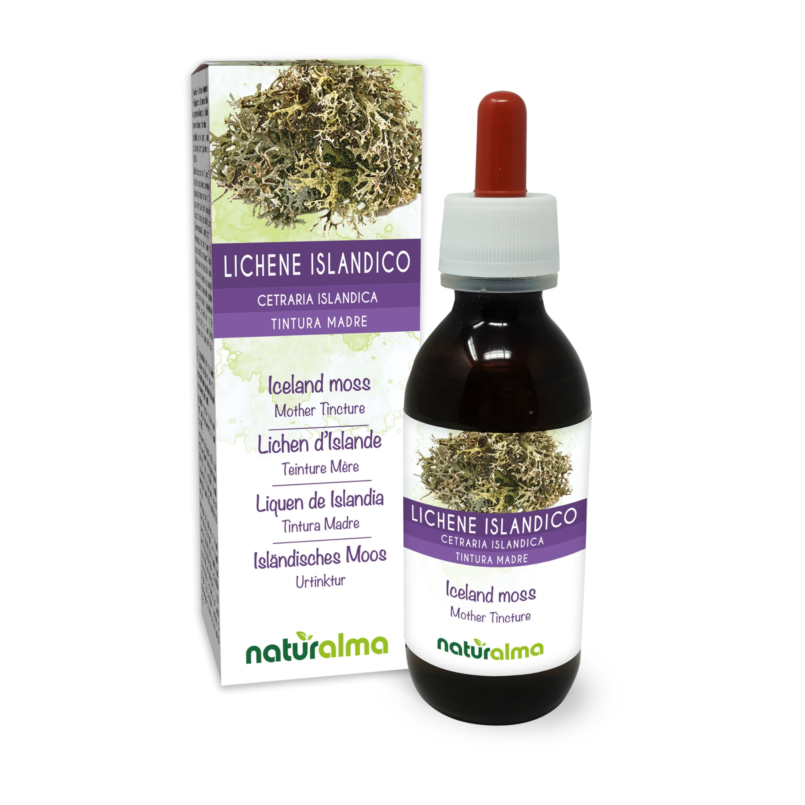 Iceland Moss (Cetraria islandica) Thallus (Lichen) Alcohol-Free Mother Tincture Naturalma - Liquid Extract Drops 120 ml - Food Supplement - Vegan
