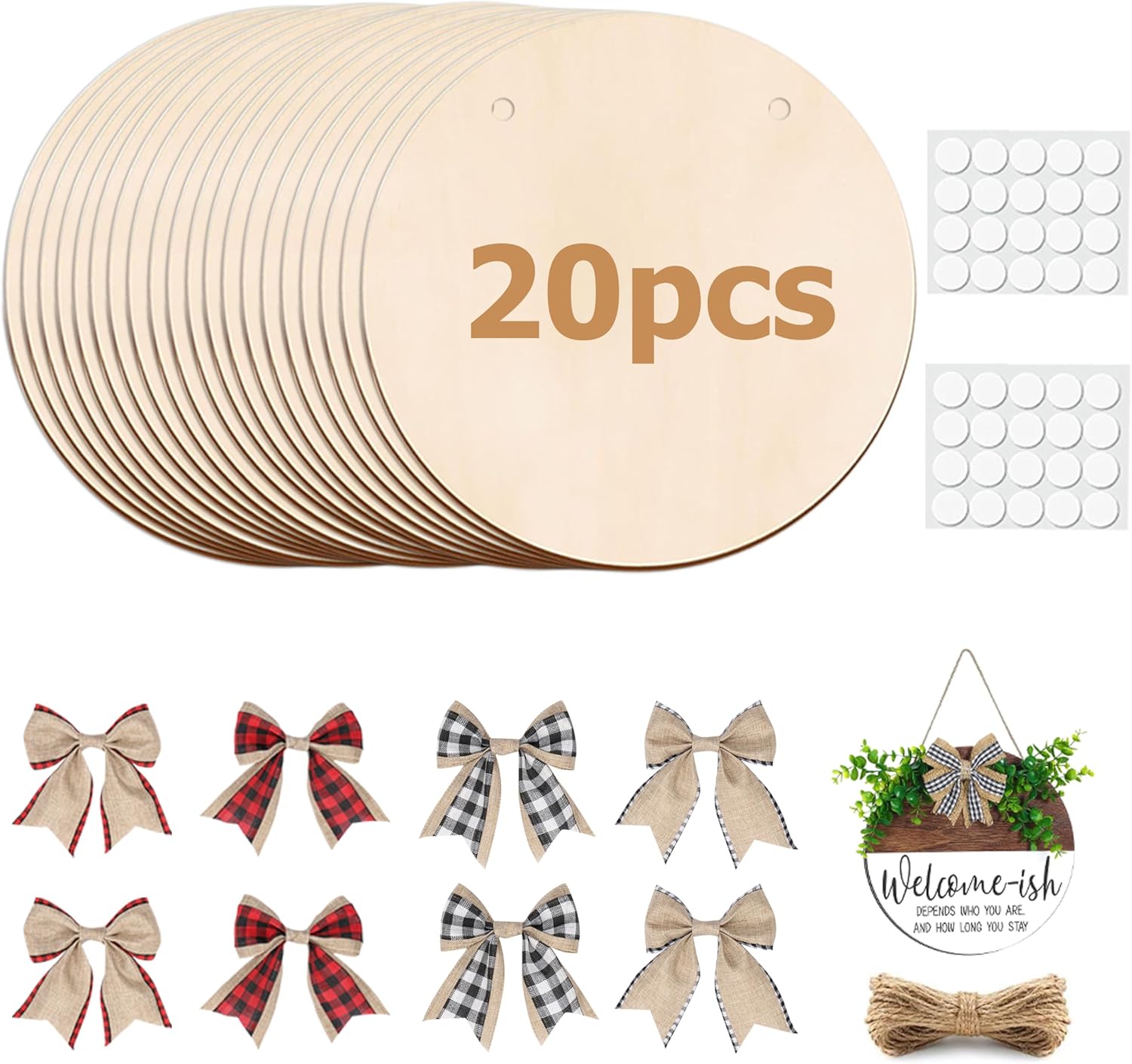 20 Pack Wood Circles for Crafts, 12 inch Blank Round Door Signs with 8 Pcs Decoration Bows and 20 Pcs Ropes, Hanging DIY Blank Round Wooden Discs for Home Door Decoration