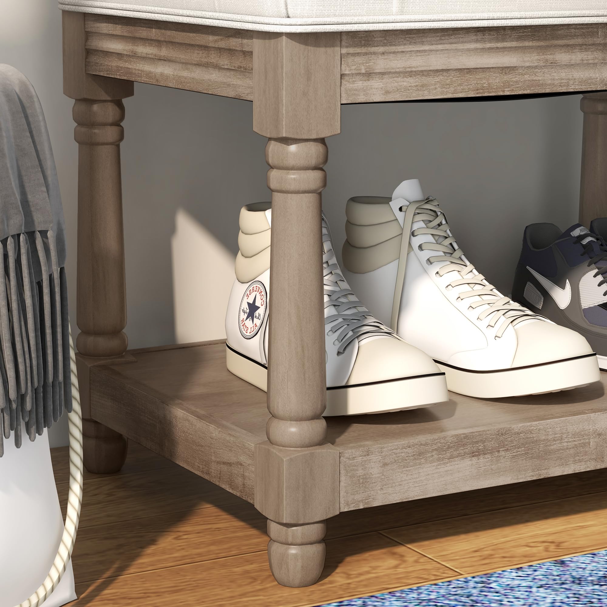 HOMCOM Banquette, Banc à Chaussures capitonnée, Bout de lit, 115 cm, 2 Niveaux étagère, Style Classique, piètement en Bois sculpté, rembourrée en Lin, Beige