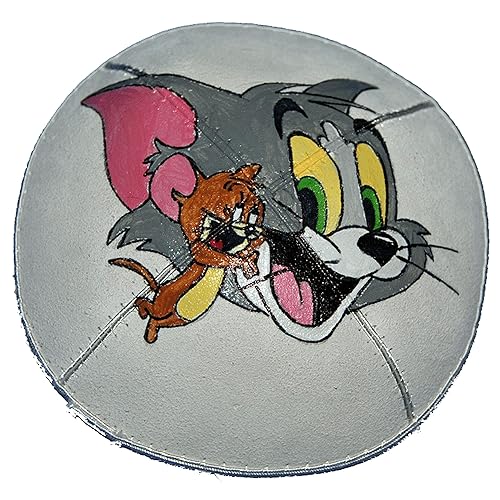 Hand-painted Kippah (Yarmulke) with Animated Cat and Mouse