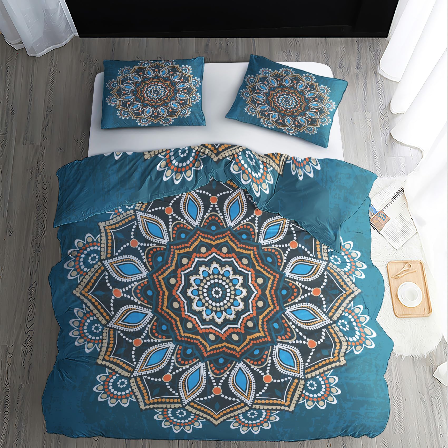 Housse de Couette Mandala 220x240, Parure de Lit Boheme 2 Personnes, House de Couette Imprimée Reversible Microfibre avec Fermeture Eclair, 2 Taies d'oreiller 65x65