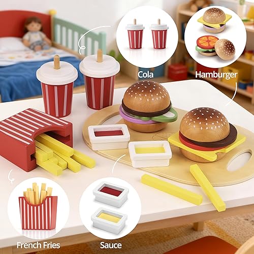 Miniatura 5 de Juguete de madera para niños, accesorios de cocina para niños pequeños, juego de madera para hamburguesas de comida rápida, juguetes educativos,