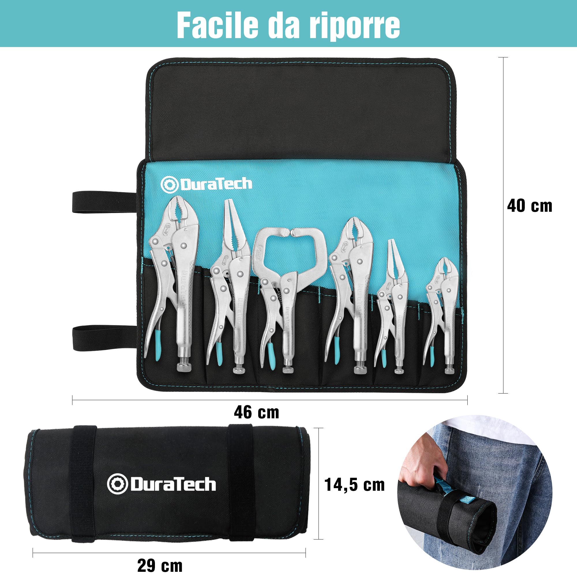 DURATECH 6 Pezzi Set di Pinze di Bloccaggio, 2 Pinze a Naso Lungo da 16,5 e 24 cm, 3 Pinze a Ganasce Curve da 12,7 e 17,8 e 25,4 cm, 1 Pinze con Morsetto a C da 15 cm, Custodia Incluso
