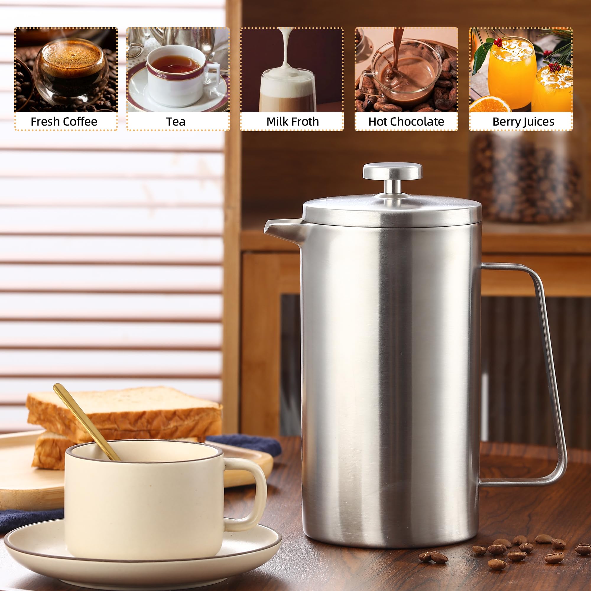 Misichao Petite cafetière à piston 2 tasses Argenté 350 ml | Cafetière isotherme en acier inoxydable avec système de filtration à 3 niveaux, cafetière manuelle