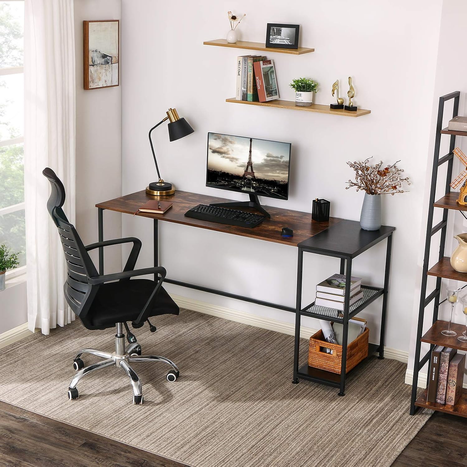 BEWISHOME Computer Desk for Home Office 63 Inch Long Desk Study Desk with Height Adjustable Shelf Writing Table Rustic Brown and Black Modern Simple Style BBZ31Z